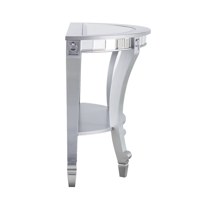 Mirrored Glass Half Circle Console Table With Storage - Silver