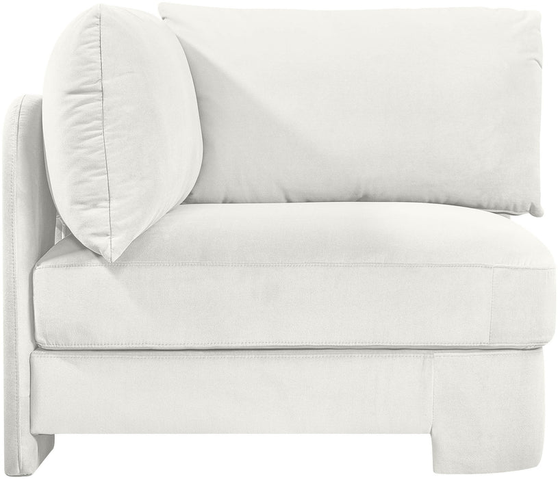 Velvet performance fabric upholstered corner chair by Meridian Furniture, stationary seating with plush, stylish design.