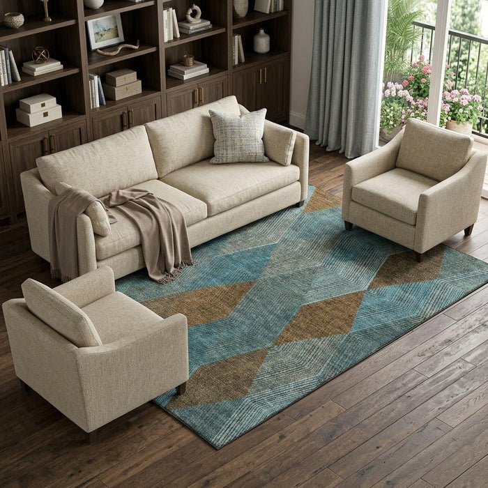 10' X 14' Geometric Washable Area Rug With UV Protection (676230) - Teal / Brown