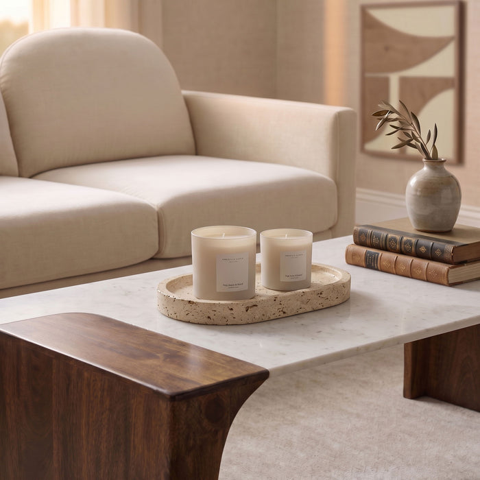 Ophelia travertine tray by Meridian Furniture showing a rectangular tray with a smooth, natural stone surface and sleek edges.
