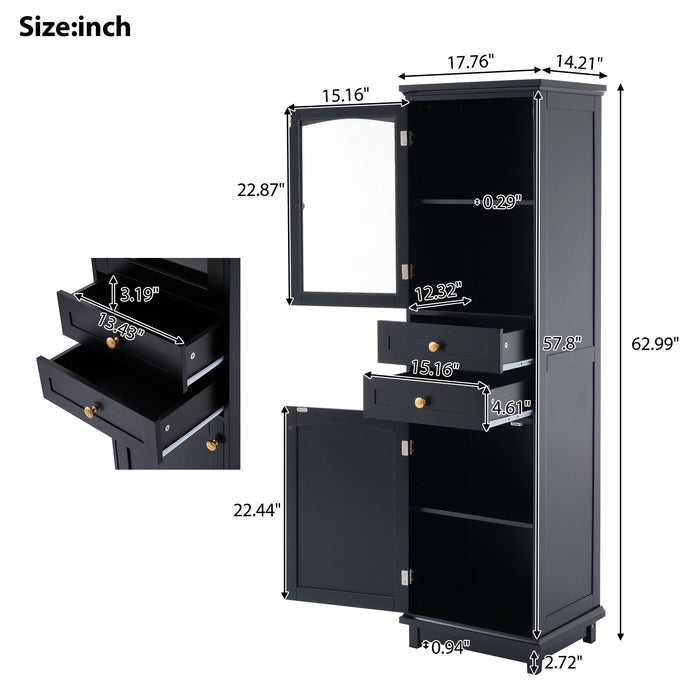 Giga tall linen cabinet with glass doors, two drawers, adjustable shelves, and painted finish for bathroom or display use.