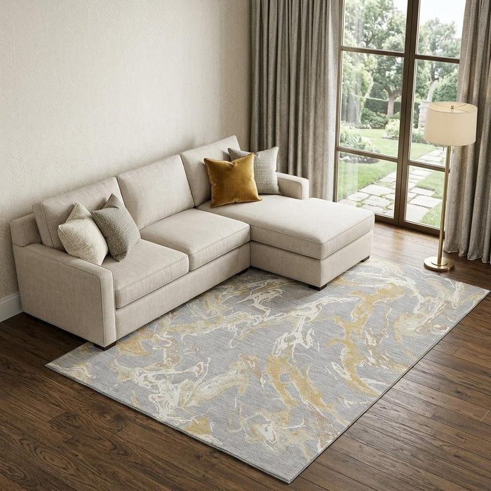 10' X 14' Abstract Washable Area Rug With UV Protection (681245) - Gray / Gold / Ivory