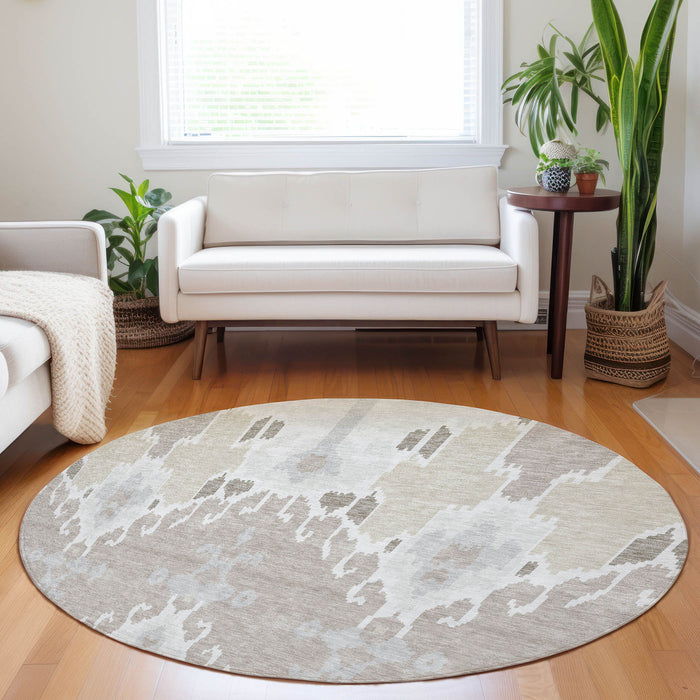 8' Ikat Washable Round Rug With UV Protection - Ivory