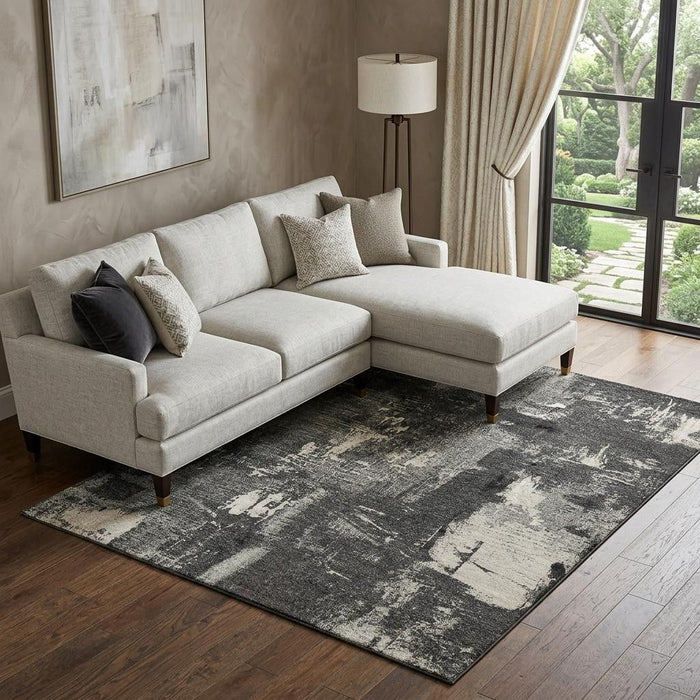 10' X 14' Abstract Washable Area Rug With UV Protection (677981) - Black / Ivory