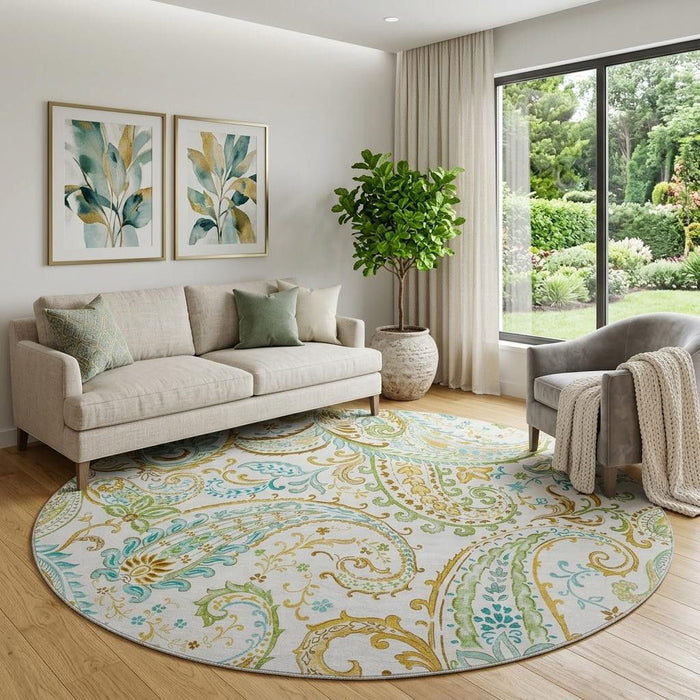 8' Paisley Distressed Washable Round Rug With UV Protection (647977) - Ivory / Blue / Green