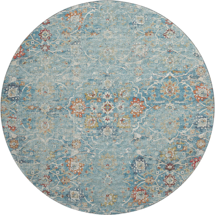 8' Floral Medallion Distressed Washable Round Rug With UV Protection (644213) - Blue / Orange / Gold