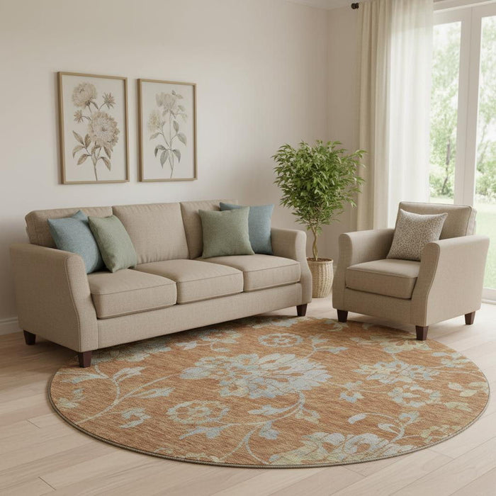 8' Floral Washable Round Rug With UV Protection (667930) - Rust / Gray