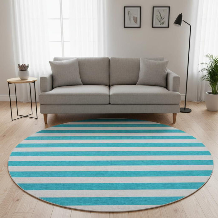 8' Striped Washable Round Rug With UV Protection (647671) - Teal / Ivory