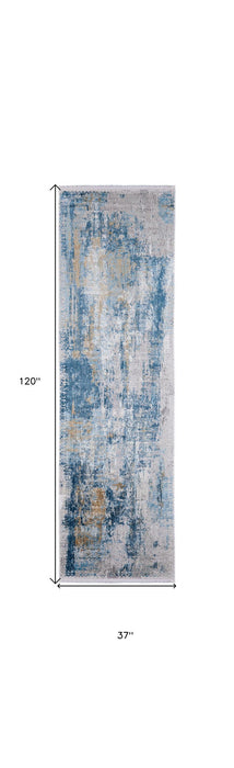 10' Abstract Power Loom Runner Rug With Fringe - Blue