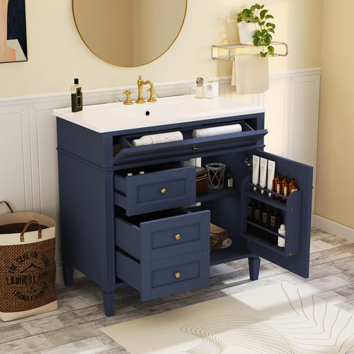 Blue Giga bathroom vanity with top sink, modern storage cabinet, 2 drawers, and a tip-out drawer, ideal for contemporary bathrooms.
