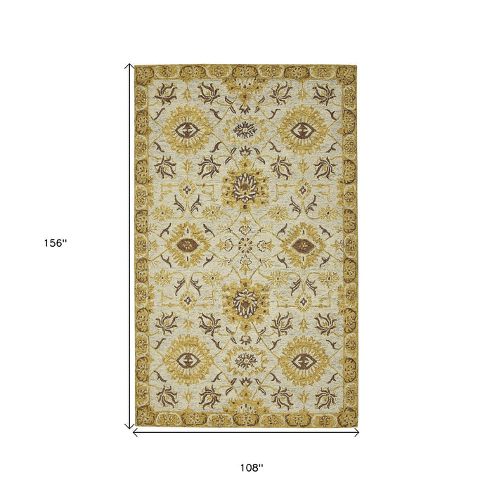 9' X 13' Wool Floral Medallion Hand Hooked Area Rug - Gold