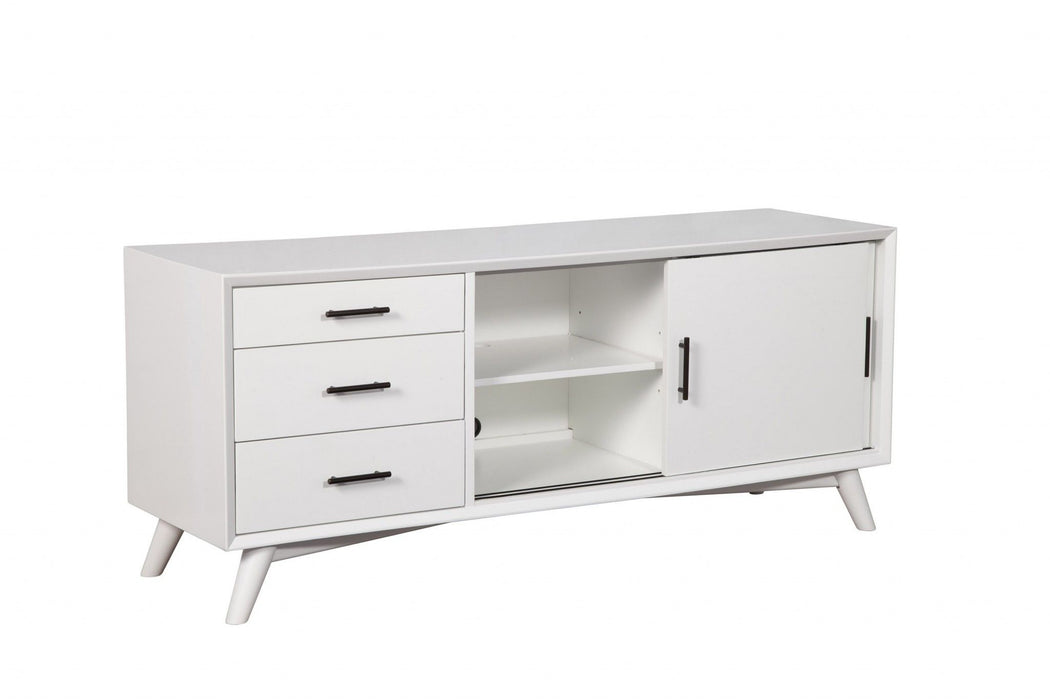 Mahogany solids and veneer open shelving TV stand in white with clean lines and ample storage from HomeRoots.