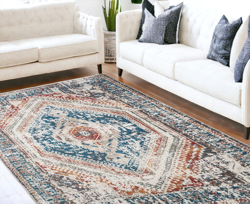 9' x 13' Geometric Distressed Area Rug With Fringe - Teal Taupe And Rust