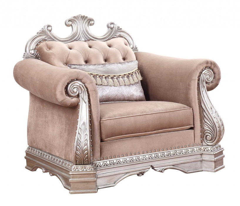 Velvet Tufted Arm Chair And Toss Pillow - Cherry Blossom Pink And Silver