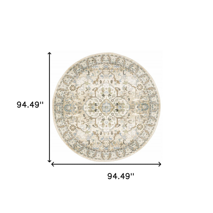 8' Round Oriental Power Loom Area Rug - Beige And Ivory