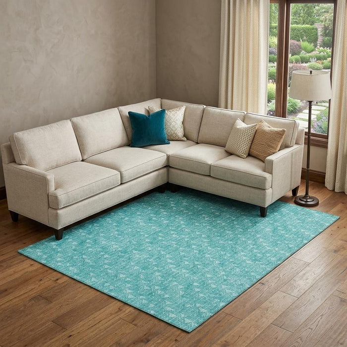 10' X 14' Geometric Washable Area Rug With UV Protection (647122) - Teal / Ivory