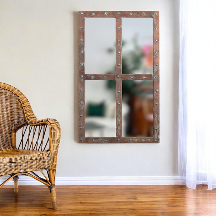 60" Rustic Solid Window Pane Framed Accent Mirror - Brown