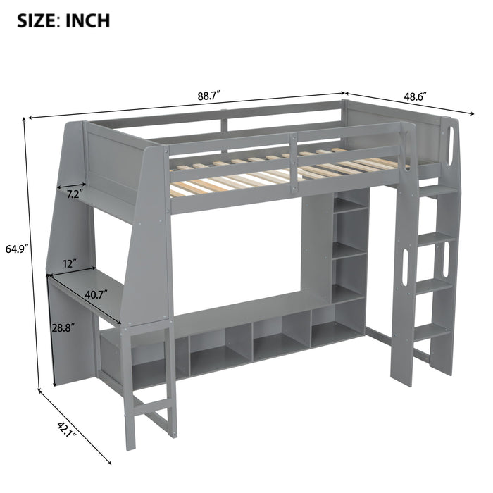 Giga gaming loft bed with desk, storage shelves, LED lights, and hanging clothes rack in a modern bedroom setting.