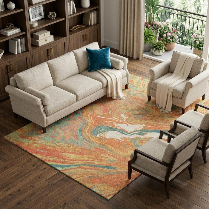 10' X 14' Abstract Washable Area Rug With UV Protection (683141) - Orange / Teal / Sage