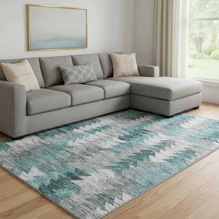 10' X 14' Geometric Washable Area Rug With UV Protection (653146) - Teal / Ivory / Gray