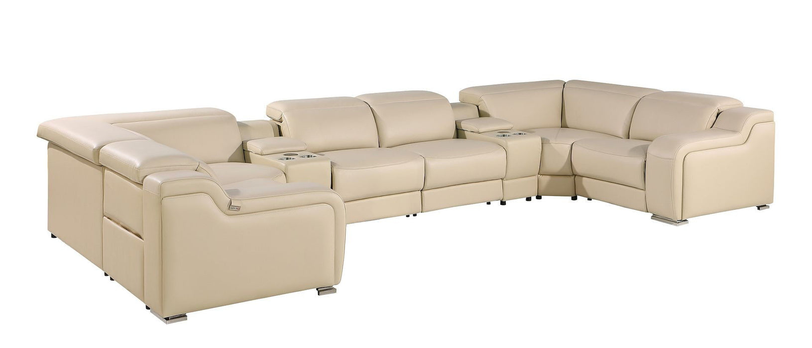 Italian Leather Power Reclining 8 Piece Corner Sectional With Console - Beige