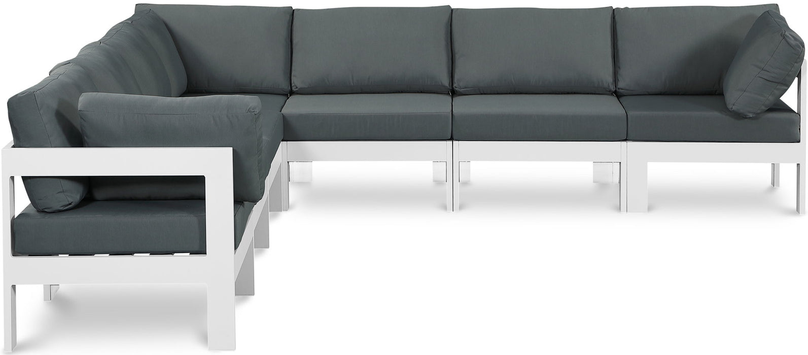 Outdoor patio Nizuc Meridian Furniture 7-piece modular sectional with white frame, stationary outdoor seating arrangement.