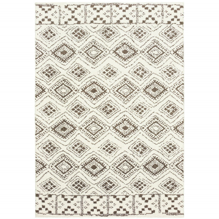 10' x 13' Geometric Shag Power Loom Stain Resistant Area Rug - Ivory And Brown