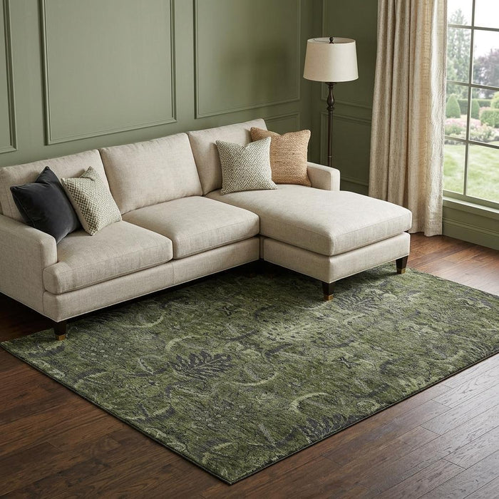 10' X 14' Damask Washable Area Rug With UV Protection (683890) - Olive Green / Charcoal
