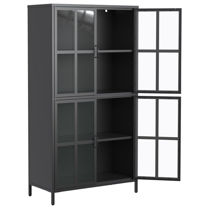 Giga black metal display cabinet with tempered glass doors, adjustable shelves, and anti-tipping device for secure storage.