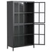 Giga black metal display cabinet with tempered glass doors, adjustable shelves, and anti-tipping device for secure storage.