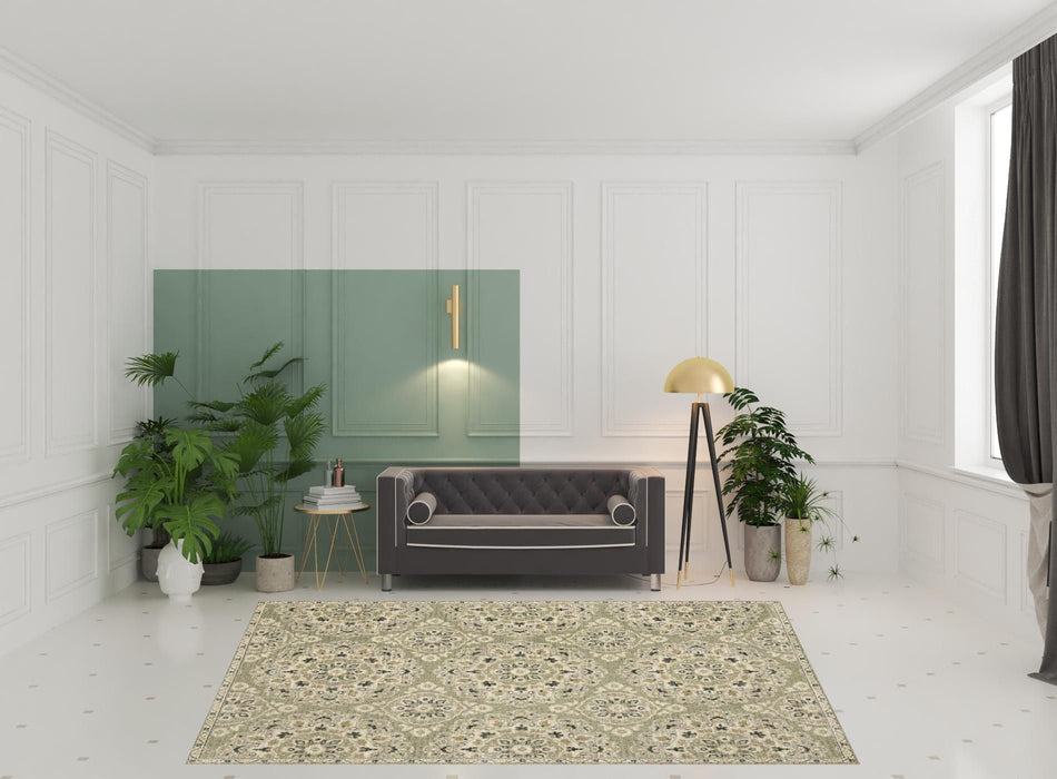 8' x 11' Floral Power Loom Stain Resistant Area Rug - Green Ivory Gray And Tan
