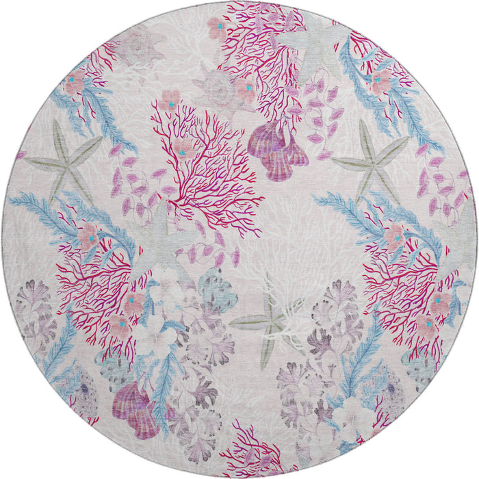 8' Geometric Washable Round Rug With UV Protection (645699) - Raspberry / Ivory / Blue
