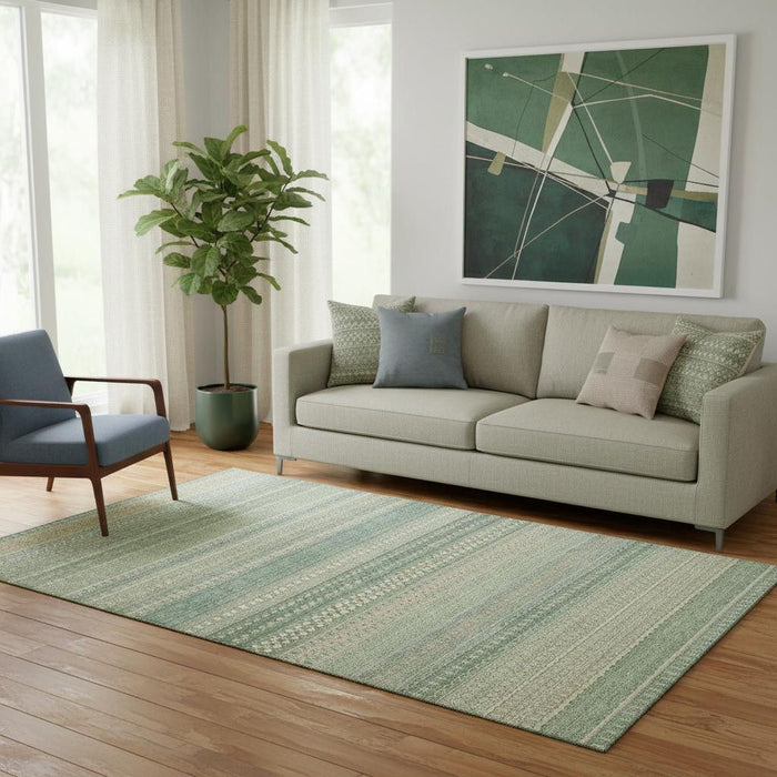 5' X 8' Striped Washable Area Rug With UV Protection (647484) - Fern Green / Ivory