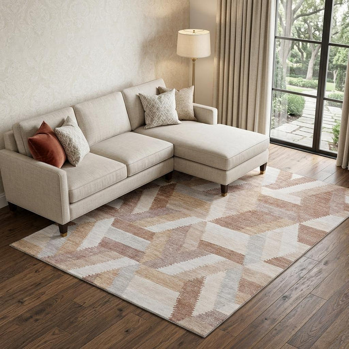 10' X 14' Geometric Washable Area Rug With UV Protection (692448) - Copper / Ivory / Gray