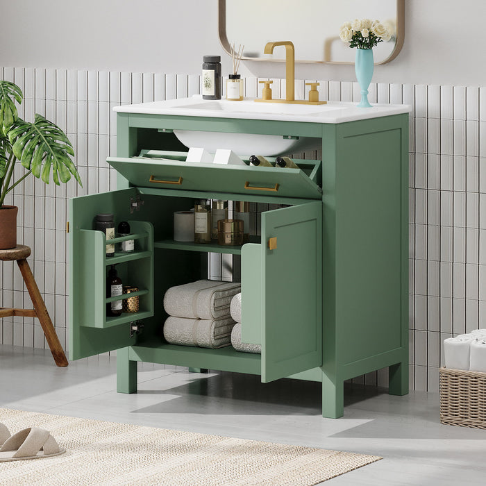 Giga modern bathroom vanity with ceramic sink, two-door cabinet, shelf, and soft-close doors in a sleek design.