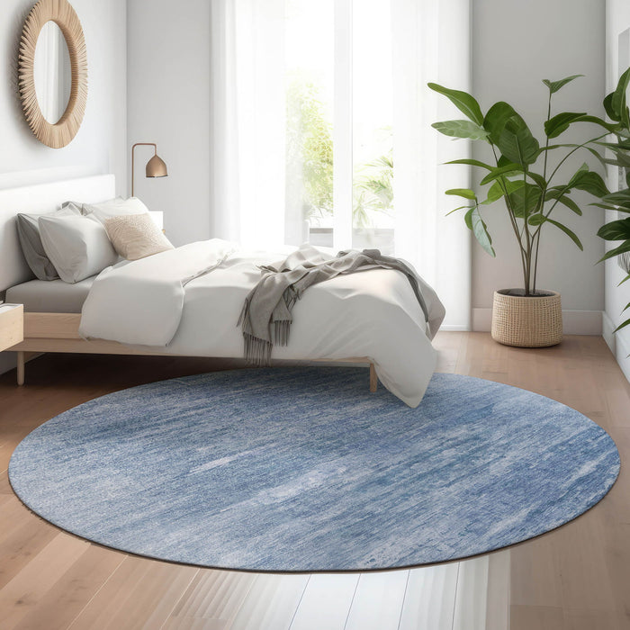 8' Abstract Washable Round Rug With UV Protection - Blue And Ivory