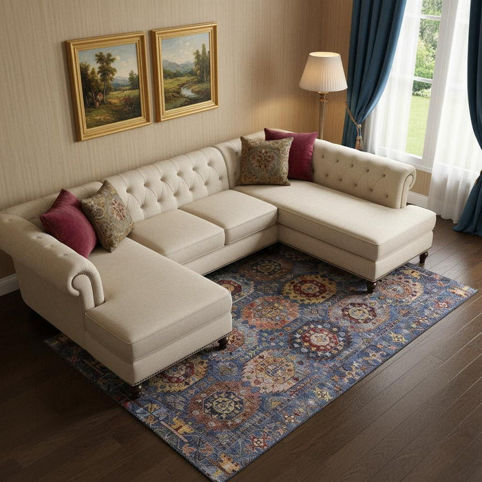 10' X 14' Medallion Washable Area Rug With UV Protection (714925) - Denim Blue / Merlot