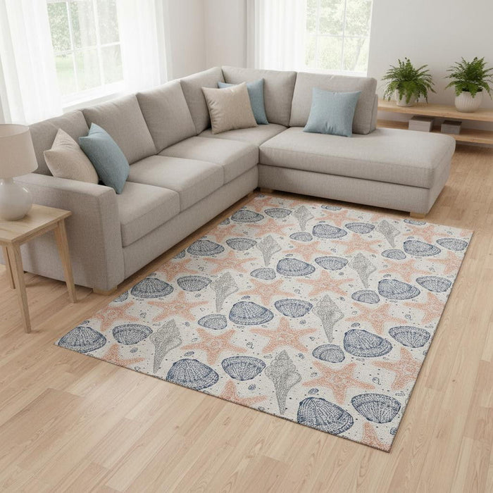 8' X 10' Geometric Washable Area Rug With UV Protection (645766) - Peach / Ivory / Navy Blue