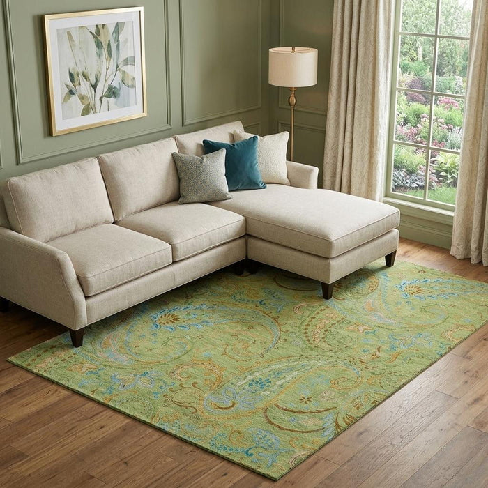 10' X 14' Paisley Washable Area Rug With UV Protection (647950) - Fern Green / Blue