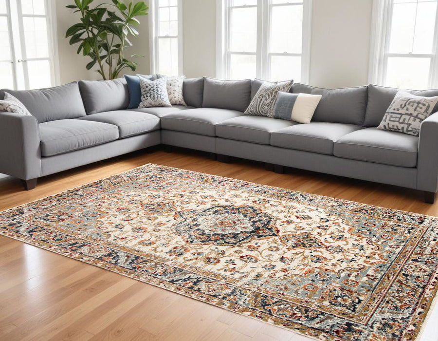 9' x 12' Medallion Power Loom Area Rug - Ivory Navy And Orange