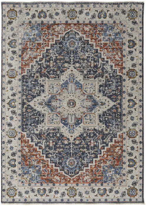 12' x 15' Floral Power Loom Area Rug With Fringe - Ivory Blue And Red