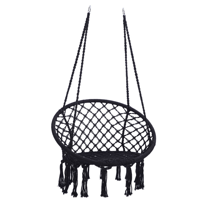 Giga macrame hanging hammock chair with rope swing design, suitable for indoor and outdoor use, featuring woven seat and sturdy support ropes.