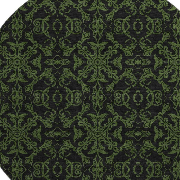 8' Medallion Washable Round Rug With UV Protection - Olive Green And Charcoal