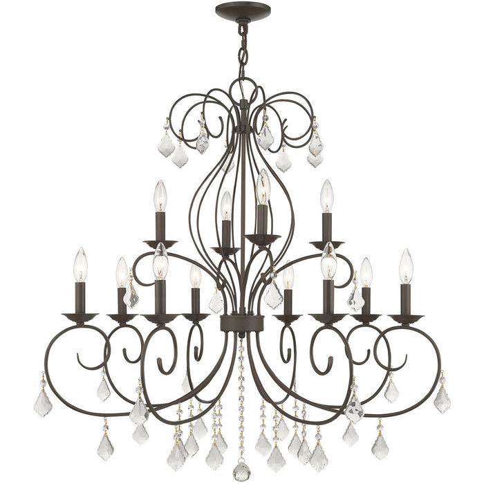 Twelve Light Metal Dimmable Chandelier With Shades - Bronze / Clear