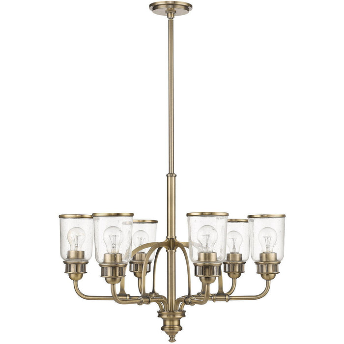 Six-light metal chandelier with antiqued brass finish and clear shades, ideal for modern and vintage interior lighting.