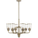 Six-light metal chandelier with antiqued brass finish and clear shades, ideal for modern and vintage interior lighting.