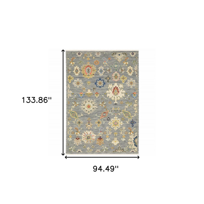 8' x 11' Oriental Power Loom Stain Resistant Area Rug With Fringe - Gray Ivory Gold Salmon Red Blue And Green