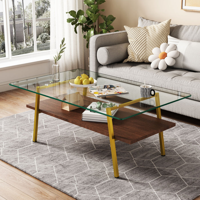 Modern Giga rectangle coffee table with tempered glass tabletop and metal legs, ideal for living room decor.