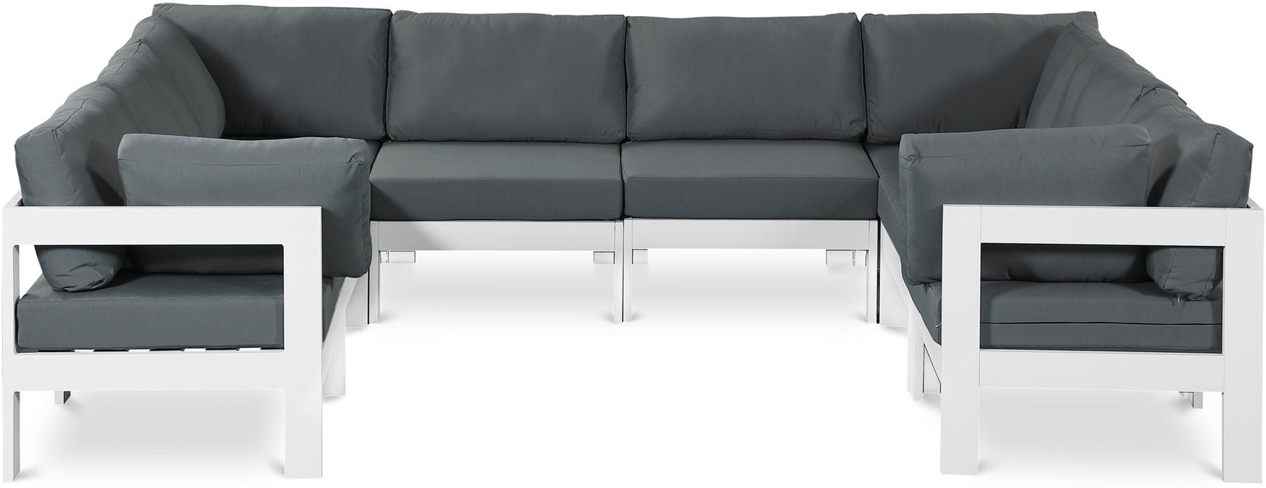 Meridian Furniture Nizuc outdoor patio 8-piece modular sectional with white frame, stationary outdoor seating for patio or garden.