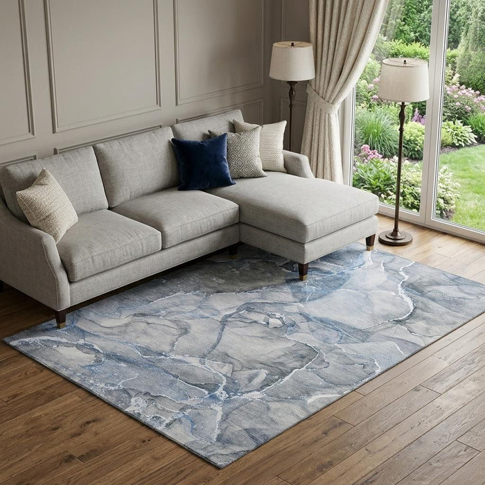 10' X 14' Abstract Washable Area Rug With UV Protection (647260) - Blue / Ivory